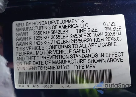 2022 Honda Pilot Awd Sport из США, поврежденный, VIN 5FNYF6H34NB031313